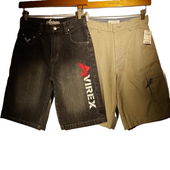 AVIREX Shorts  Boys size 12  2 pc lot  Denim  Stitching  Arizona Cargo Tan VGC - Picture 1 of 13